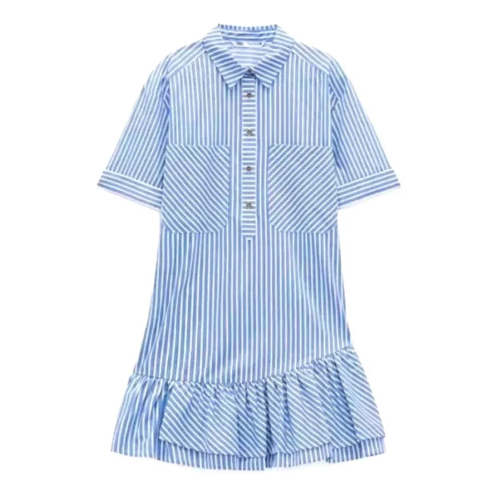 Zara Blue and Cream Striped Mini Dress Ruffle Frill Size Small Oversized - Picture 8 of 9